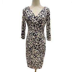 Lauren Ralph Lauren NWOT Elegant Gray&White Ruched V Neck 3/4 Sleeves Dress  2P